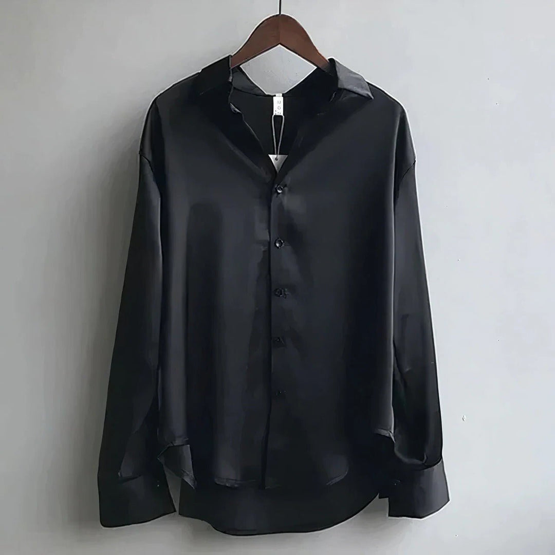 Damen Satin Langarm-Bluse mit Knopfleiste - Black