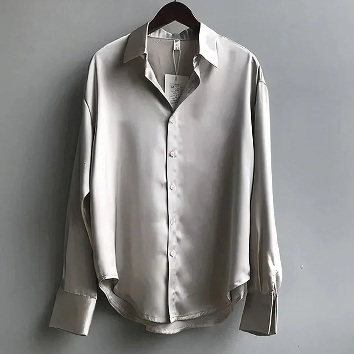 Damen Satin Langarm-Bluse mit Knopfleiste - Gray