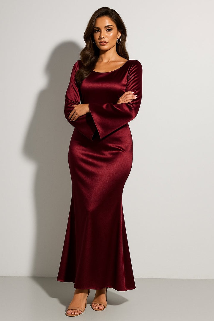 Damen Satin Langarm Fishtail Maxi Abendkleid - Dark Red