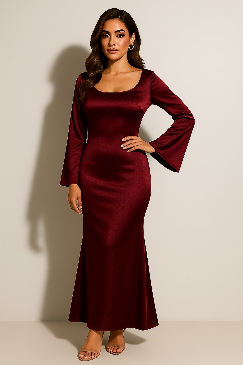 Damen Satin Langarm Fishtail Maxi Abendkleid