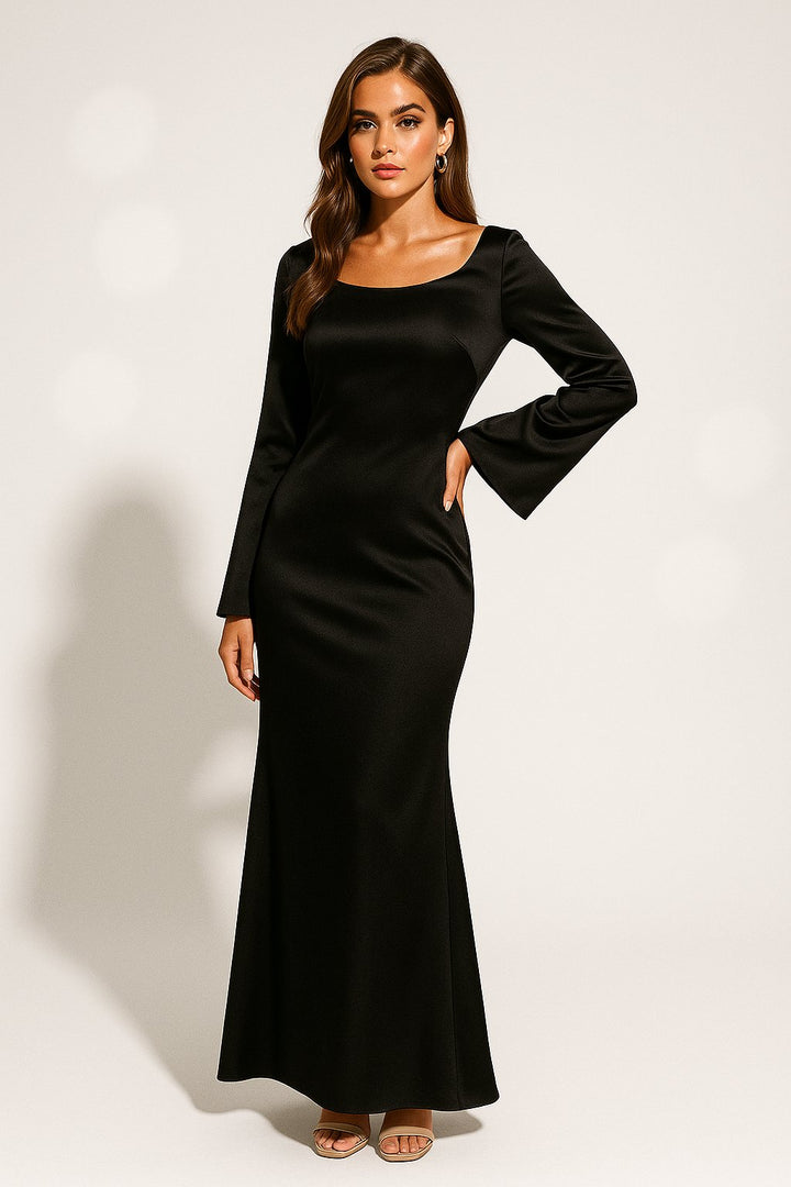 Damen Satin Langarm Fishtail Maxi Abendkleid - Black