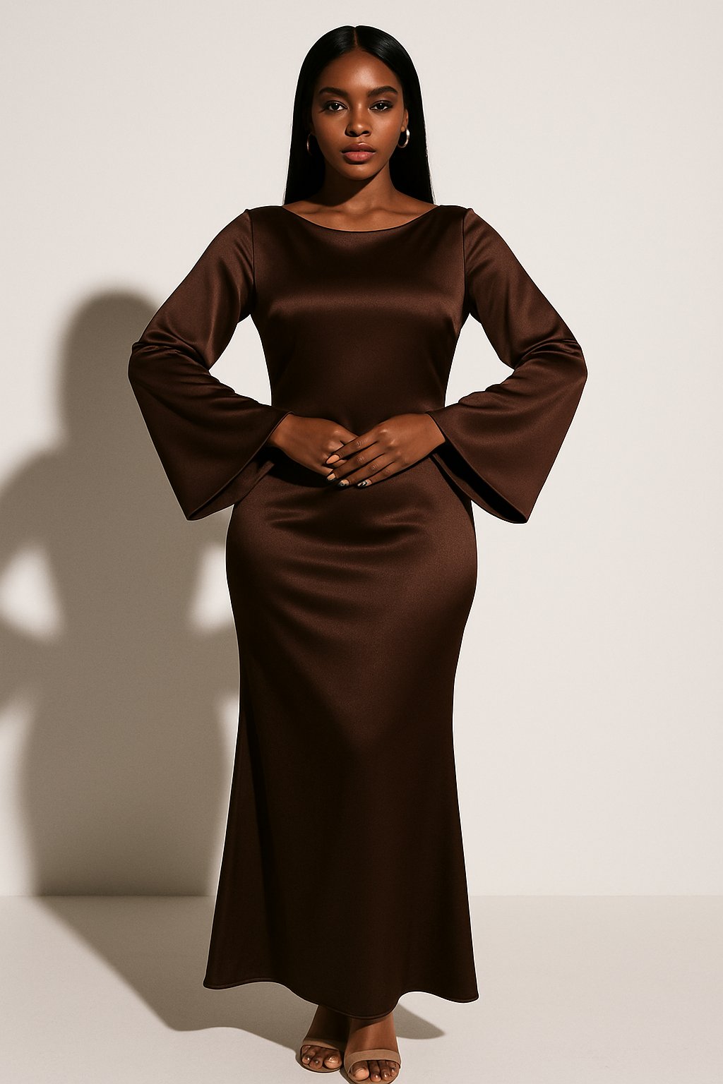 Damen Satin Langarm Fishtail Maxi Abendkleid - Dark Brown