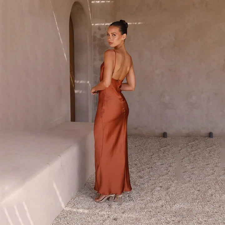 Damen Satin Maxikleid Rückenfrei Figurbetont Schlitz