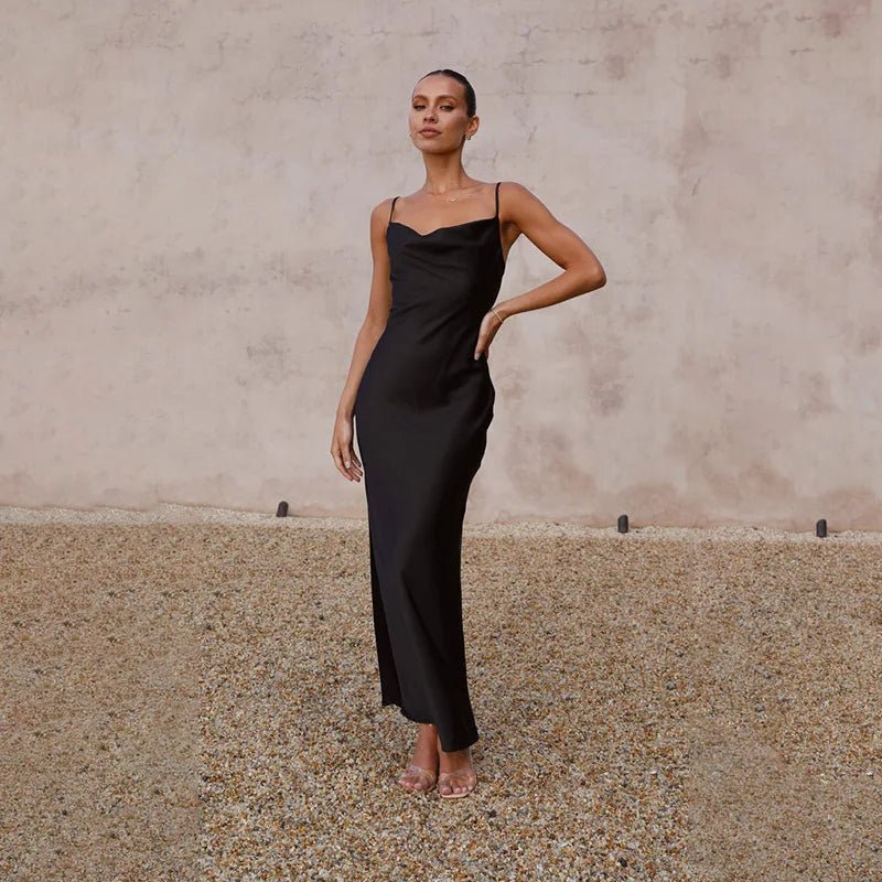 Damen Satin Maxikleid Rückenfrei Figurbetont Schlitz - Schwarz
