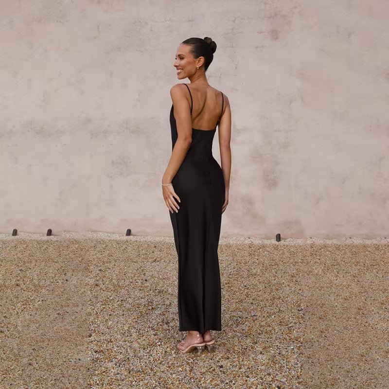 Damen Satin Maxikleid Rückenfrei Figurbetont Schlitz
