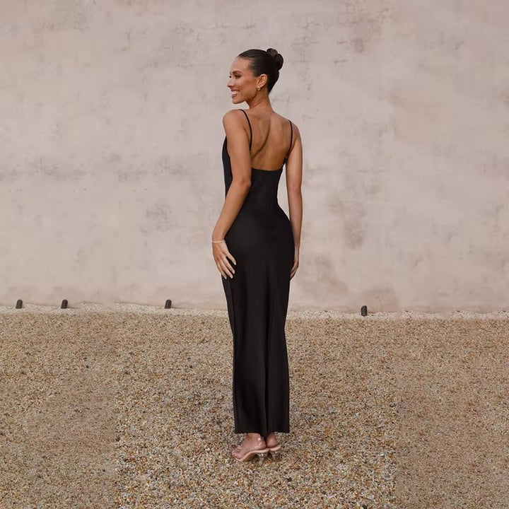 Damen Satin Maxikleid Rückenfrei Figurbetont Schlitz