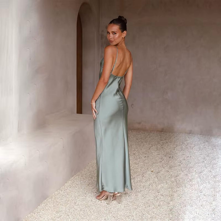 Damen Satin Maxikleid Rückenfrei Figurbetont Schlitz