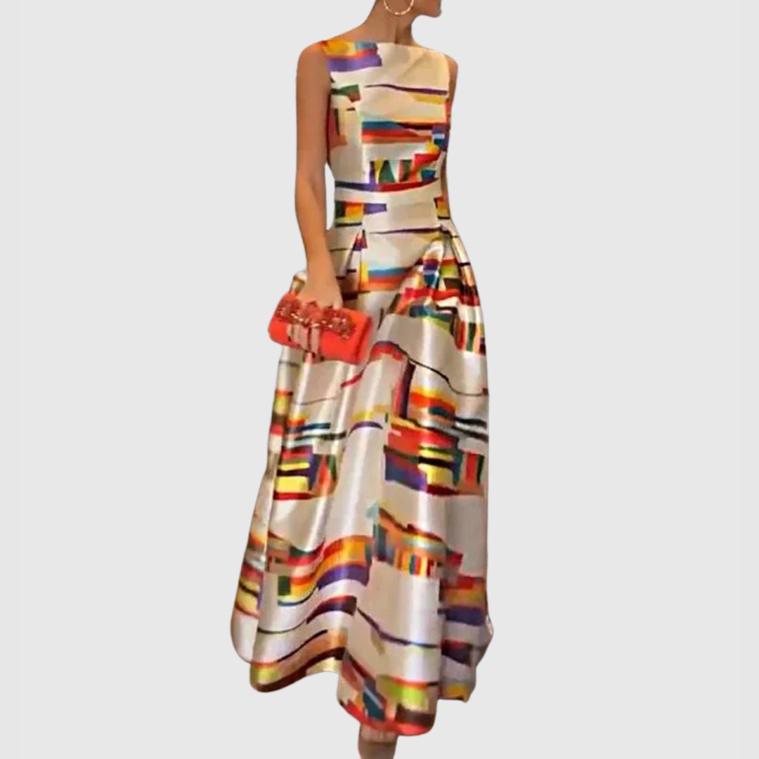 Damen Satin Maxikleid Ärmellos Mehrfarbig Abstrakt A-Linie