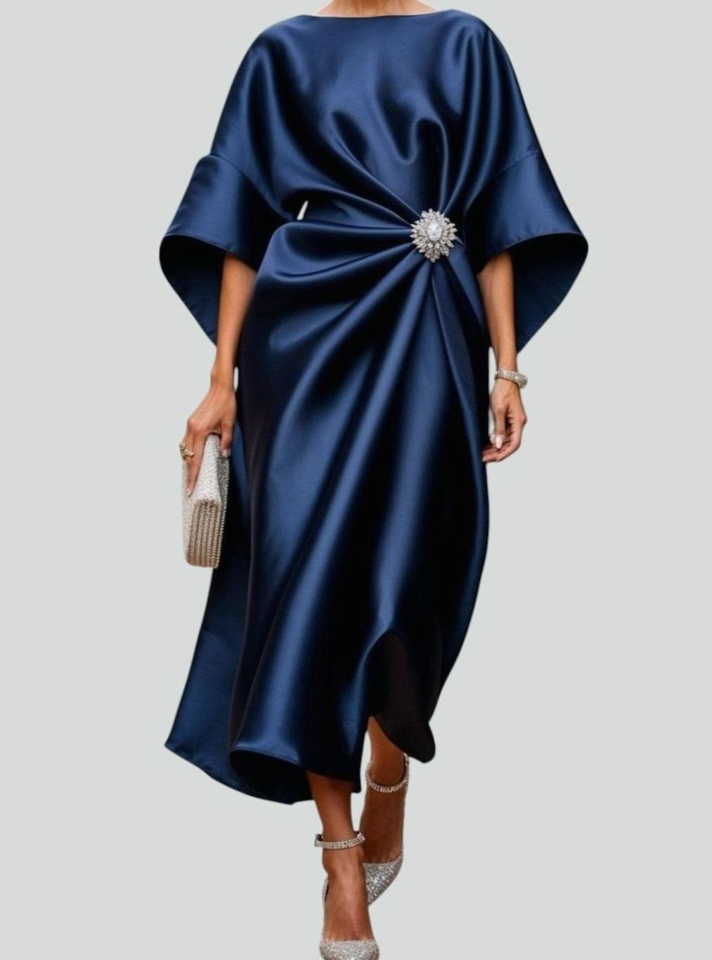Damen Satin Midi-Abendkleid Fledermausärmel Drapiert Brosche - Marineblau