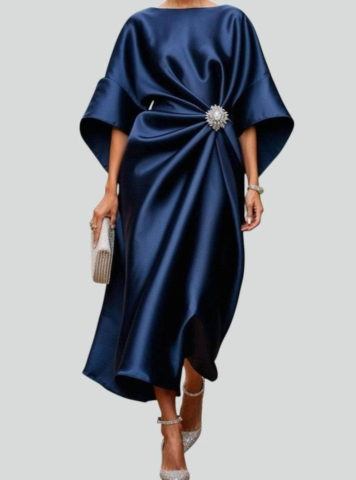 Damen Satin Midi-Abendkleid Fledermausärmel Drapiert Brosche - Marineblau
