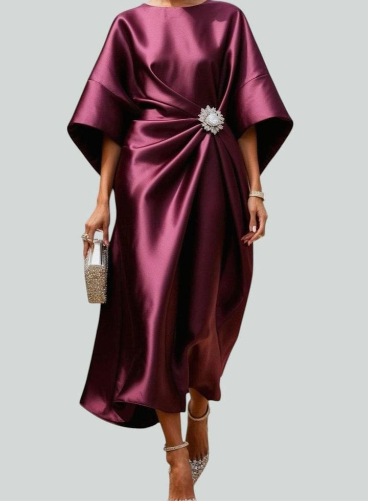Damen Satin Midi-Abendkleid Fledermausärmel Drapiert Brosche - Rot