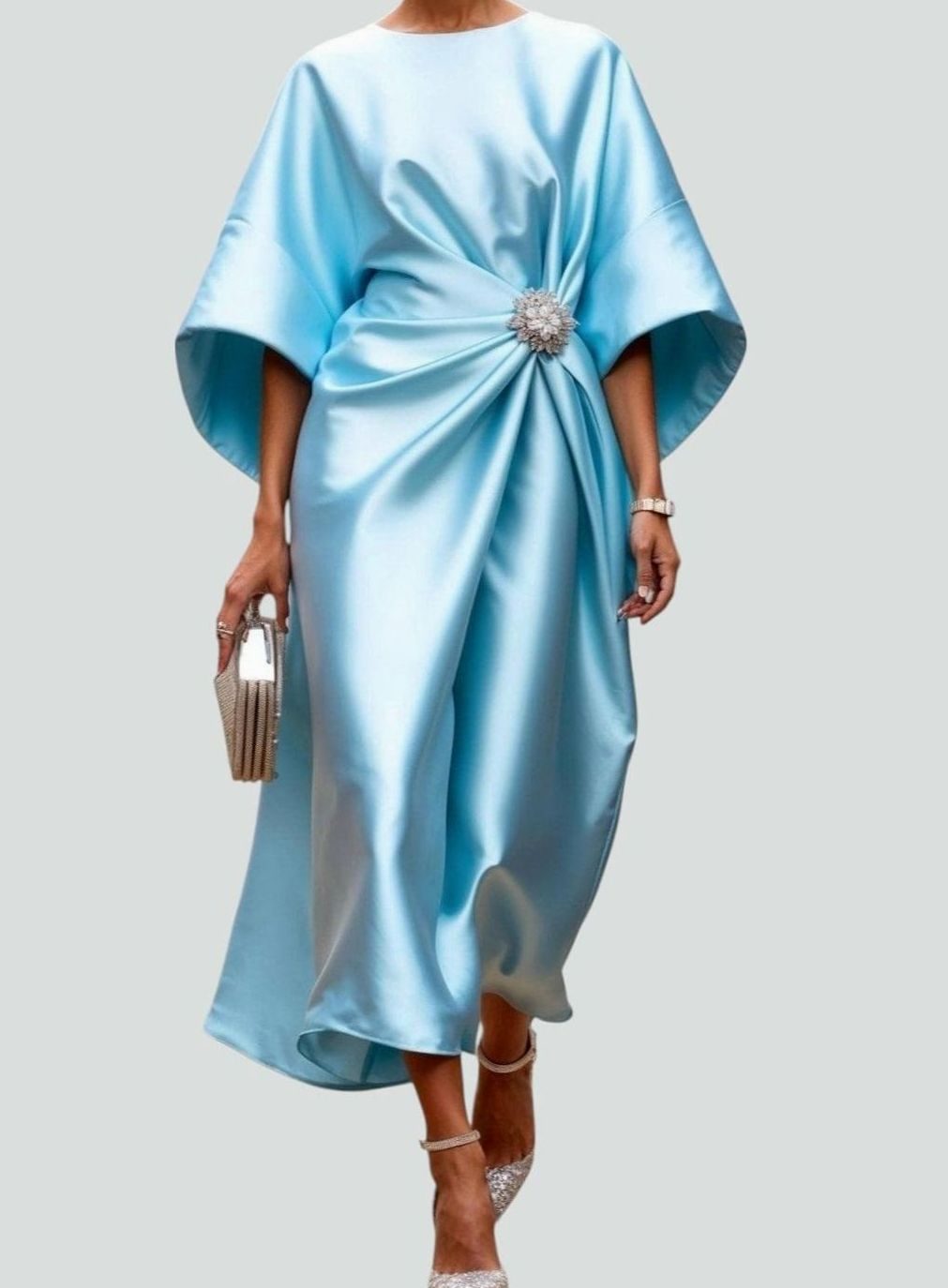 Damen Satin Midi-Abendkleid Fledermausärmel Drapiert Brosche - Hellblau