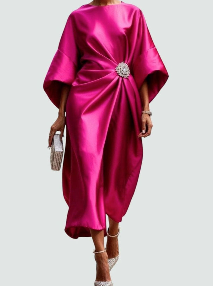 Damen Satin Midi-Abendkleid Fledermausärmel Drapiert Brosche - Hellrosa