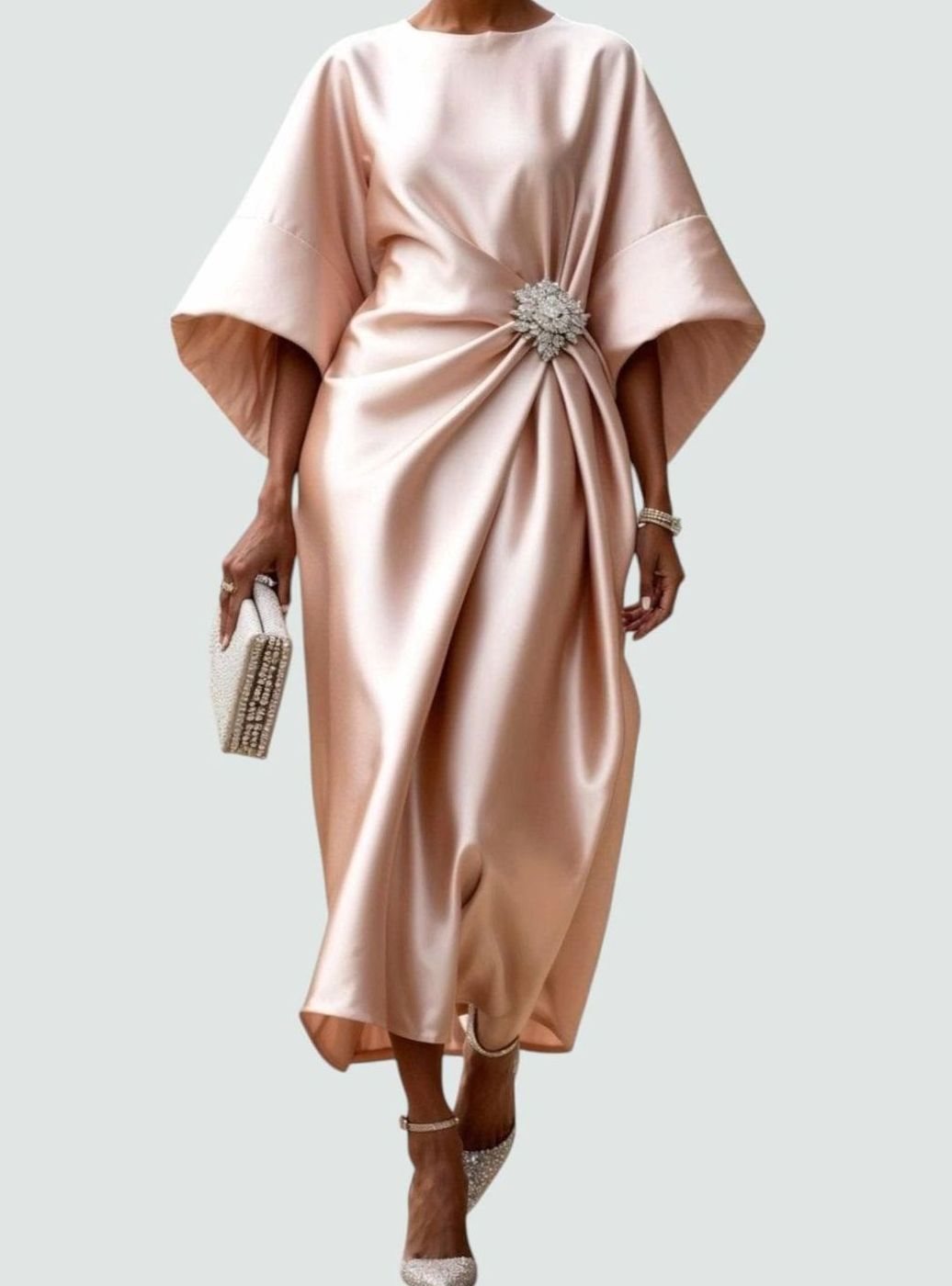 Damen Satin Midi-Abendkleid Fledermausärmel Drapiert Brosche - Beige