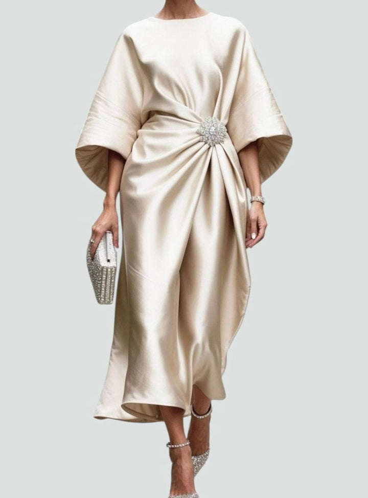 Damen Satin Midi-Abendkleid Fledermausärmel Drapiert Brosche - Khaki