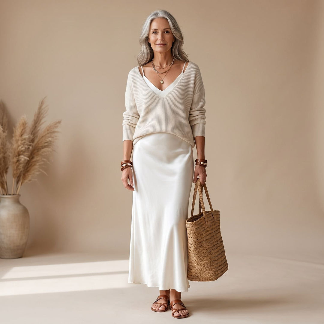 Damen Satin Midi-Kleid mit fließendem Schnitt - Weiß
