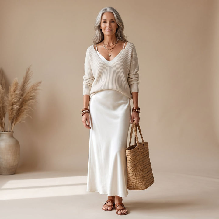 Damen Satin Midi-Kleid mit fließendem Schnitt - Weiß