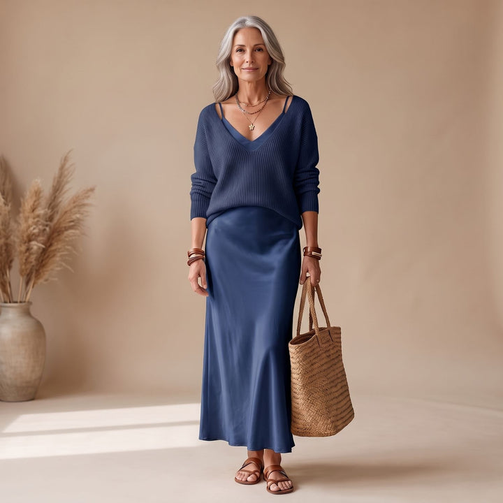 Damen Satin Midi-Kleid mit fließendem Schnitt - Marineblau