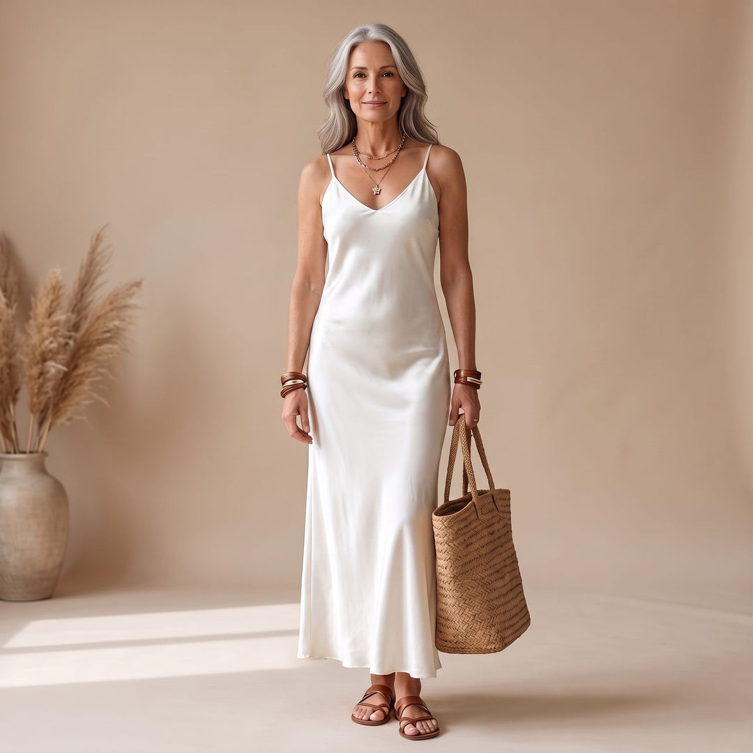 Damen Satin Midi-Kleid mit fließendem Schnitt