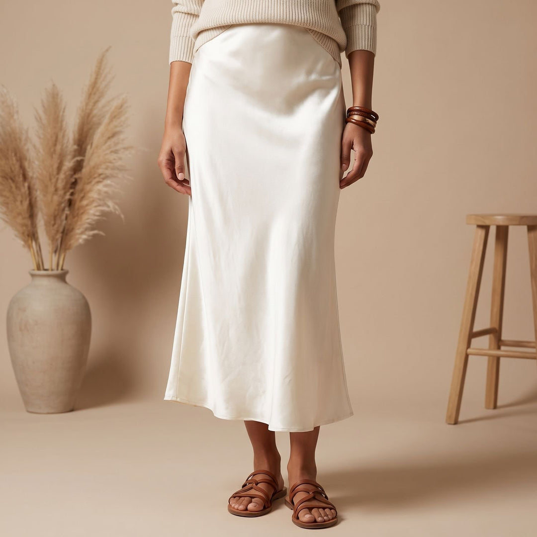 Damen Satin Midi-Kleid mit fließendem Schnitt