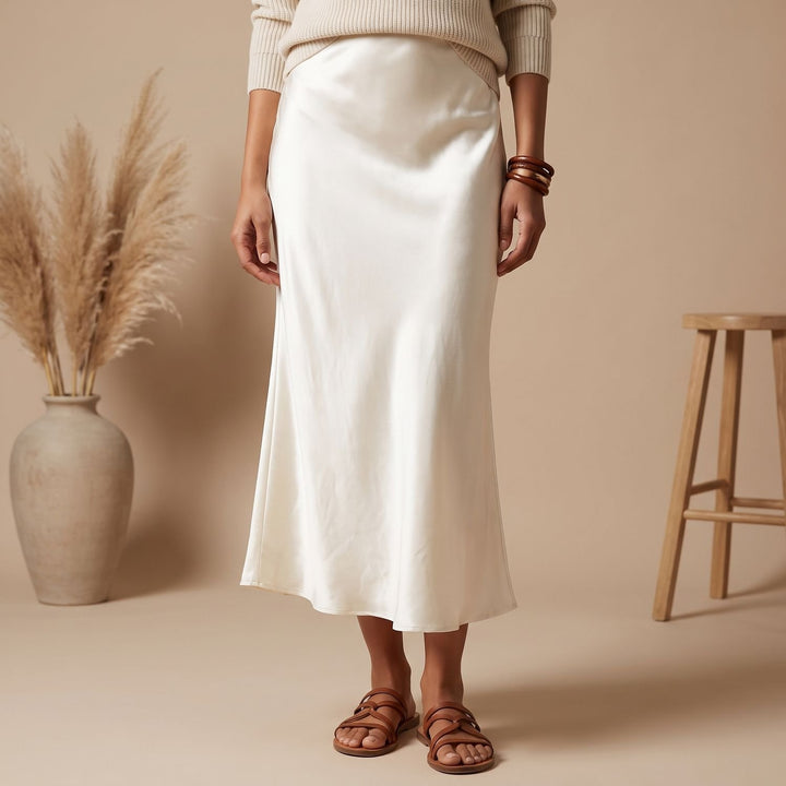 Damen Satin Midi-Kleid mit fließendem Schnitt