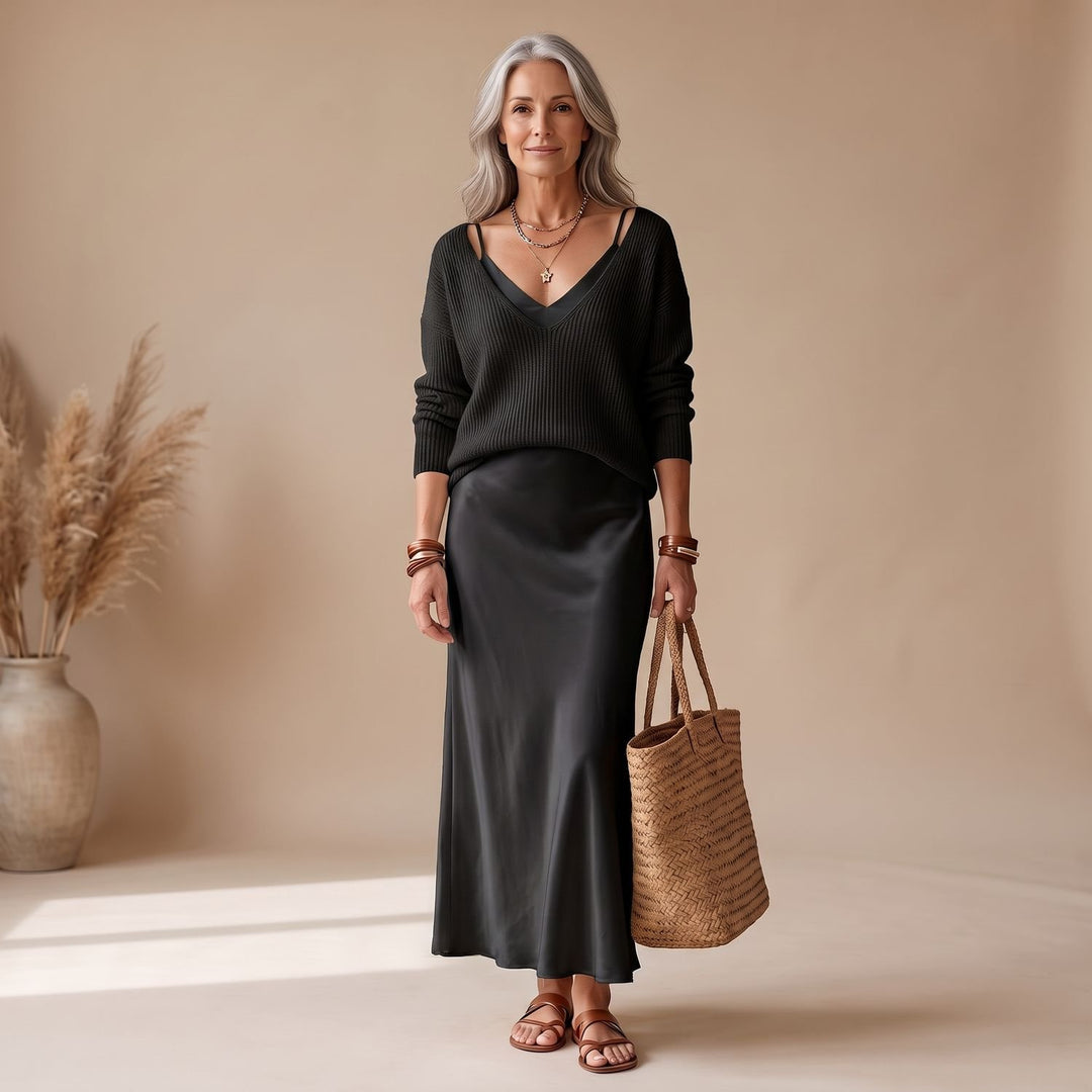 Damen Satin Midi-Kleid mit fließendem Schnitt - Schwarz