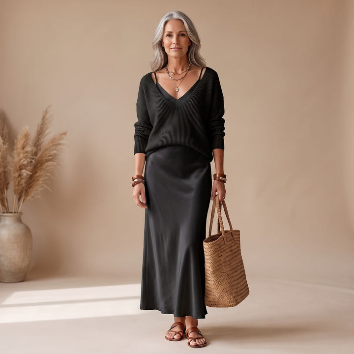 Damen Satin Midi-Kleid mit fließendem Schnitt - Schwarz