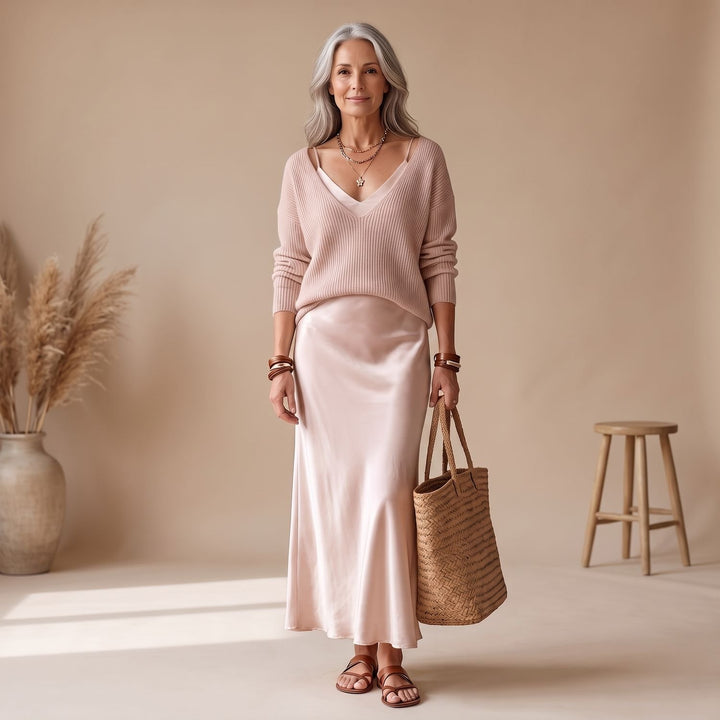 Damen Satin Midi-Kleid mit fließendem Schnitt - Rosa
