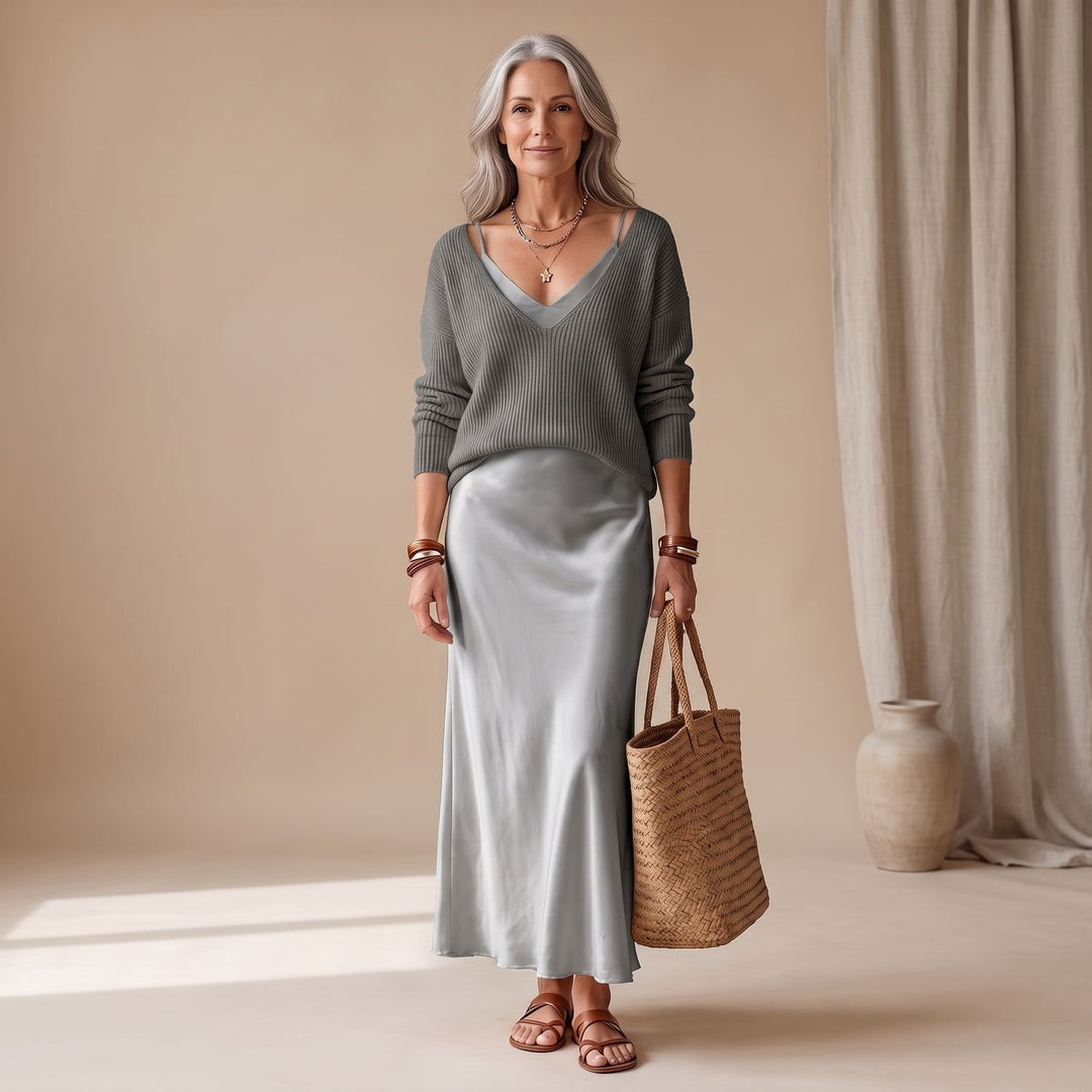 Damen Satin Midi-Kleid mit fließendem Schnitt - Grau