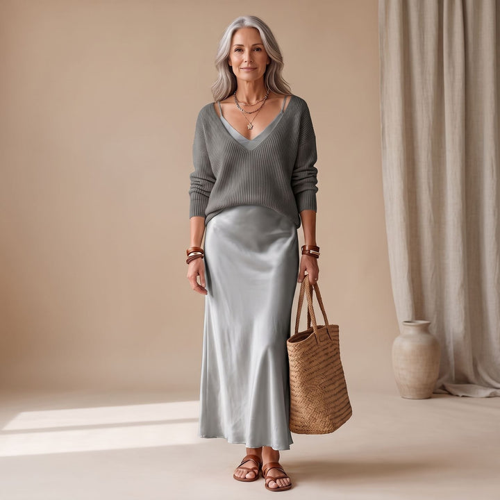 Damen Satin Midi-Kleid mit fließendem Schnitt - Grau
