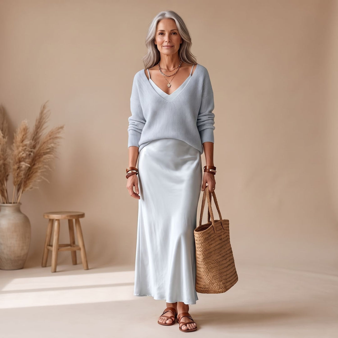 Damen Satin Midi-Kleid mit fließendem Schnitt - Hellblau