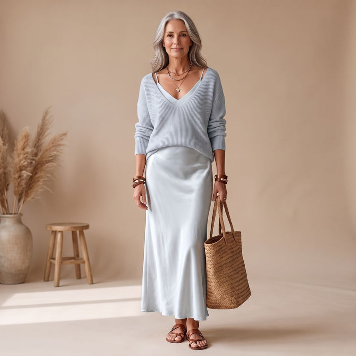 Damen Satin Midi-Kleid mit fließendem Schnitt - Hellblau