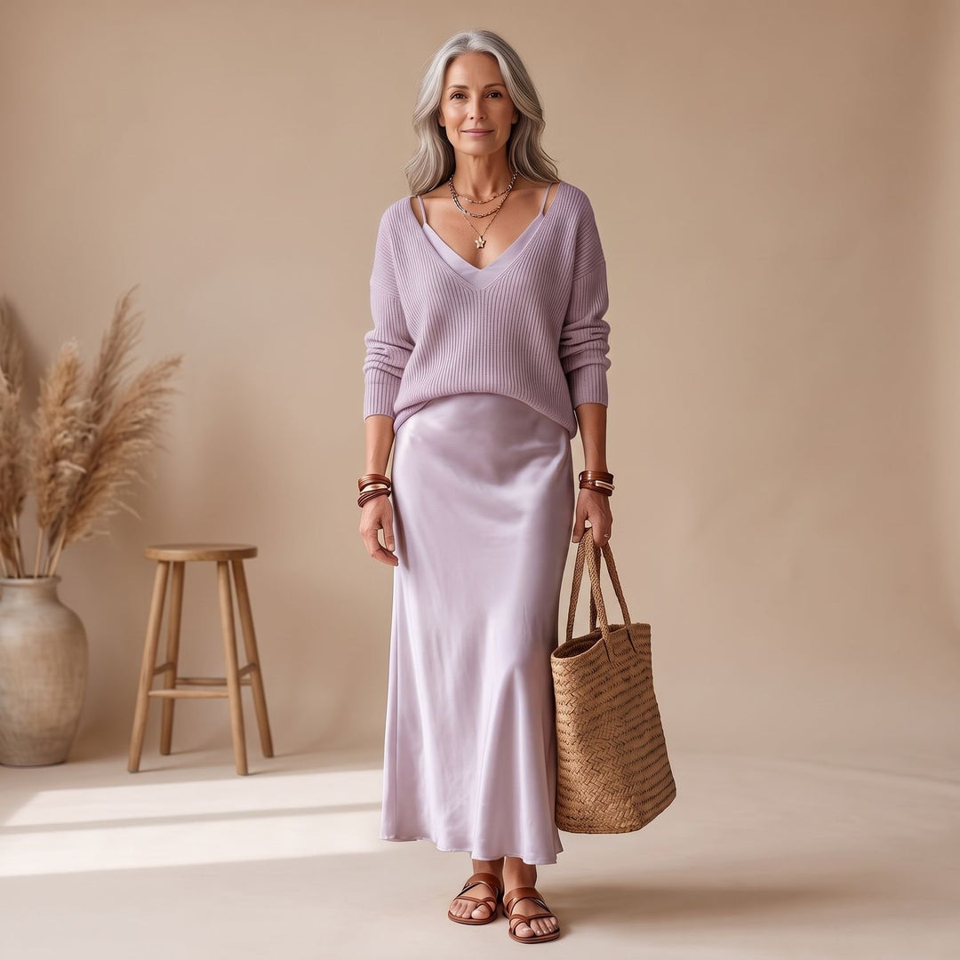 Damen Satin Midi-Kleid mit fließendem Schnitt - Lila