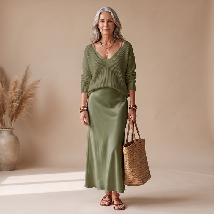 Damen Satin Midi-Kleid mit fließendem Schnitt - Dunkelgrün