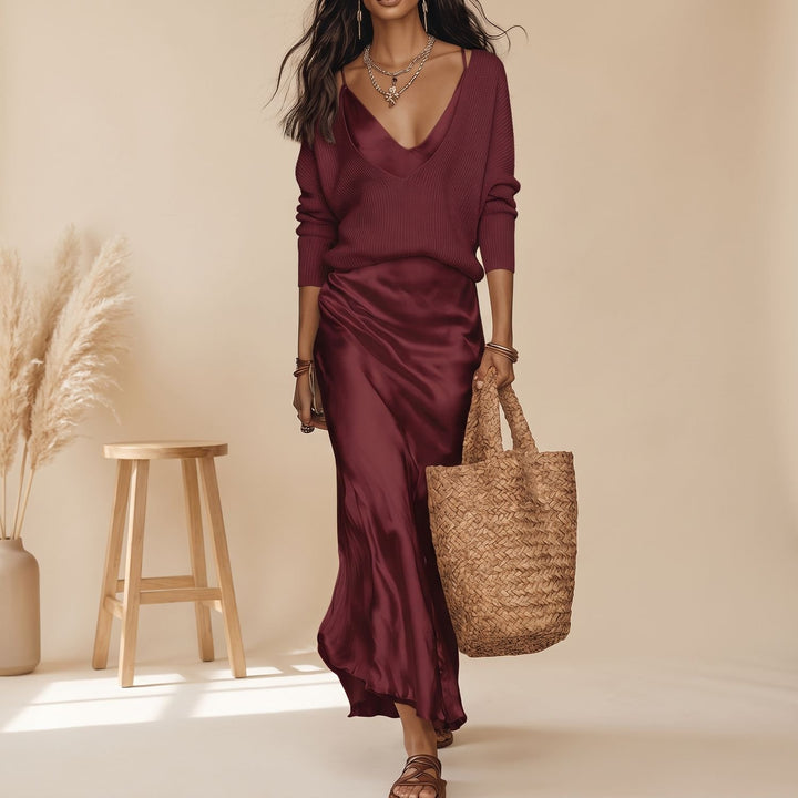 Damen Satin Midi-Kleid mit fließendem Schnitt - Rot