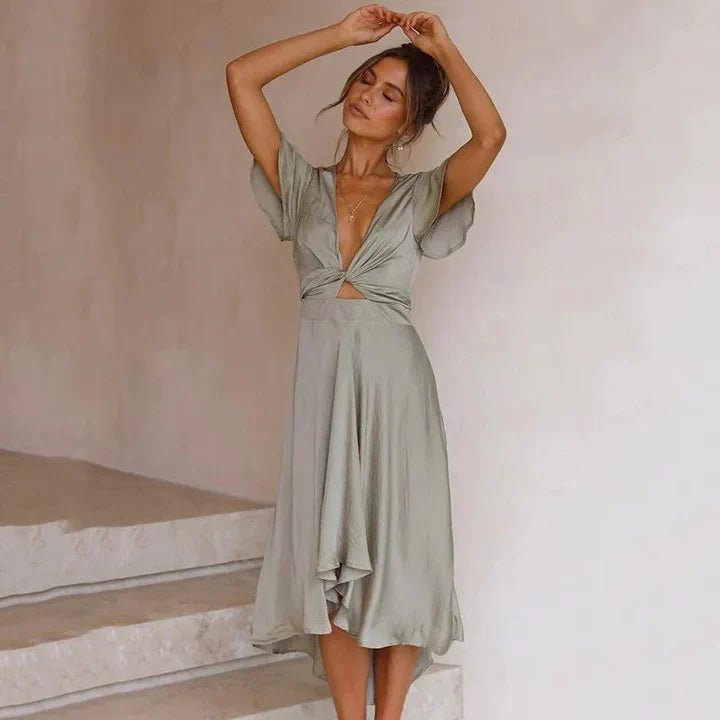 Damen Satin Midi Kleid Tiefem V-Ausschnitt Flatterärmel - Olive