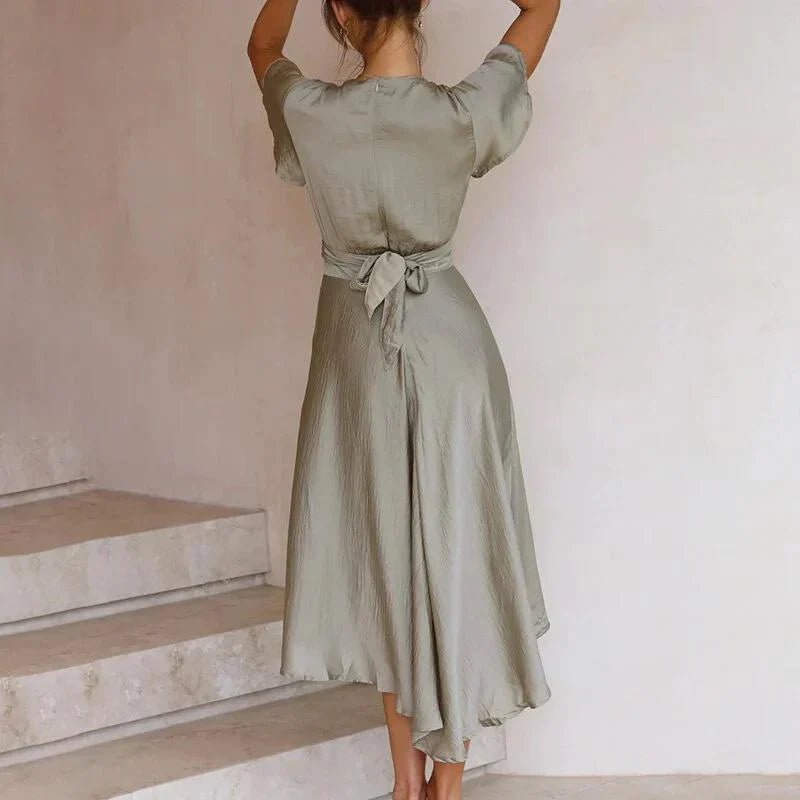 Damen Satin Midi Kleid Tiefem V-Ausschnitt Flatterärmel