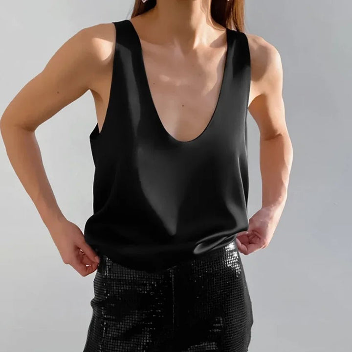 Damen Satin Tank Top mit tiefem U-Ausschnitt - Black