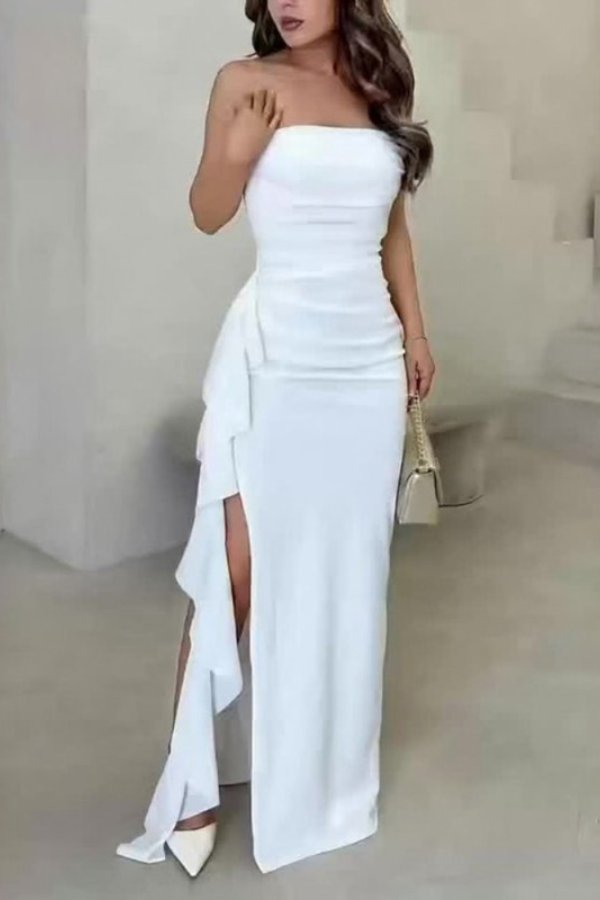 Damen Satin Trägerlos Wickelkleid Raffung Hoher Schlitz - White