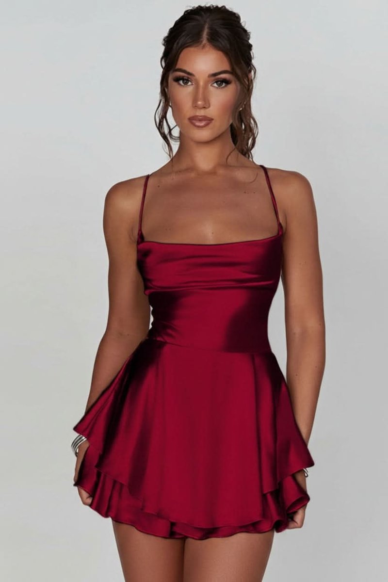 Damen Satinoptik Rückenfreies Cocktailkleid Geraffter Taille Minirock - Brick Red