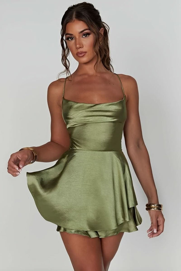 Damen Satinoptik Rückenfreies Cocktailkleid Geraffter Taille Minirock - Matcha