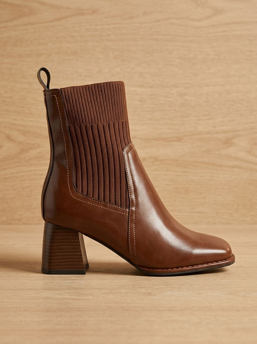 Damen Schlupf-Stiefeletten mit Blockabsatz und Strickschaft, Brown