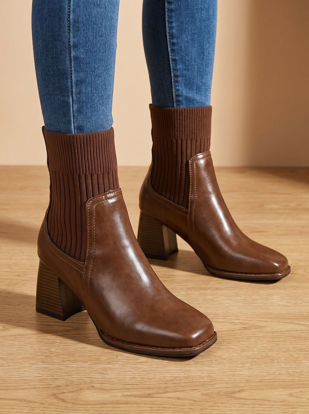 Damen Schlupf-Stiefeletten mit Blockabsatz und Strickschaft, Brown