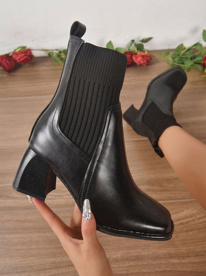 Damen Schlupf-Stiefeletten mit Blockabsatz und Strickschaft, Brown