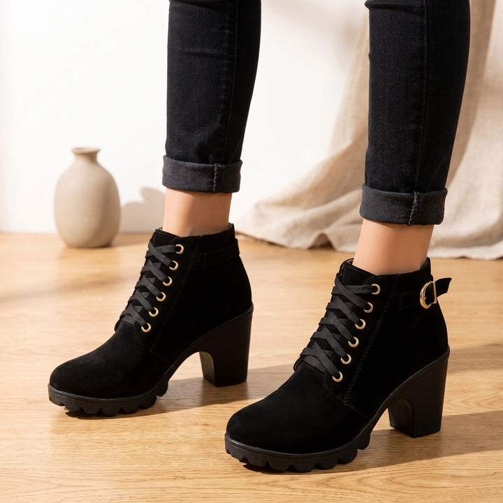 Damen Schnür-Stiefeletten mit Blockabsatz Metallschnalle Kunstleder
