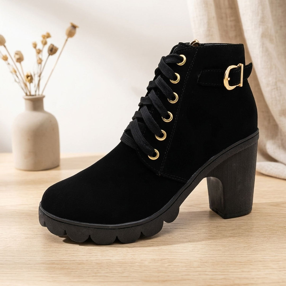 Damen Schnür-Stiefeletten mit Blockabsatz Metallschnalle Kunstleder - Schwarz