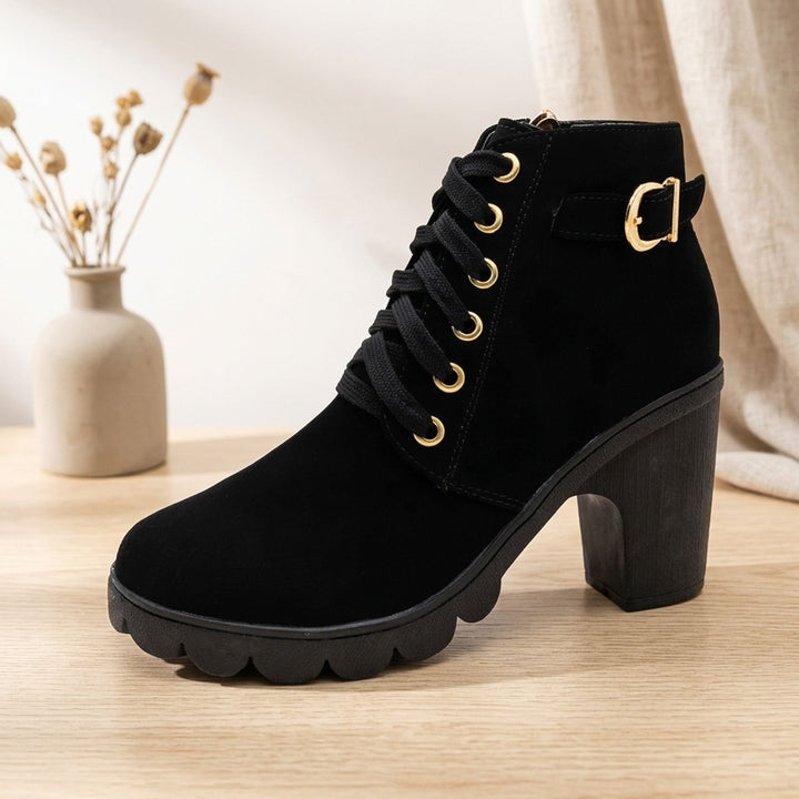 Damen Schnür-Stiefeletten mit Blockabsatz Metallschnalle Kunstleder - Schwarz