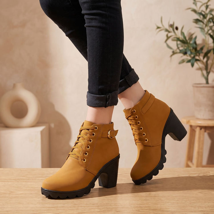 Damen Schnür-Stiefeletten mit Blockabsatz Metallschnalle Kunstleder