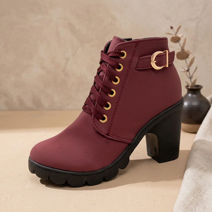 Damen Schnür-Stiefeletten mit Blockabsatz Metallschnalle Kunstleder