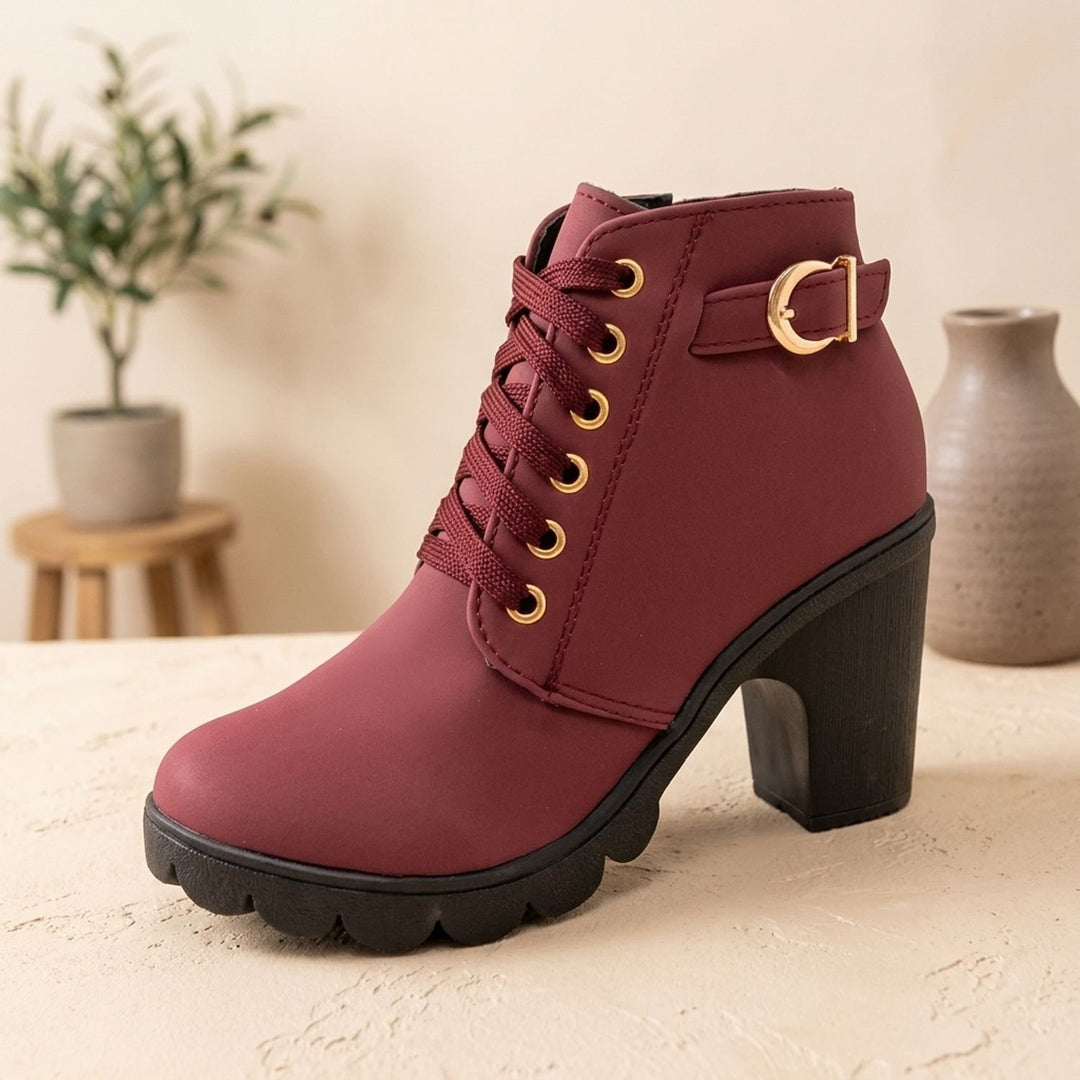 Damen Schnür-Stiefeletten mit Blockabsatz Metallschnalle Kunstleder - Weinrot